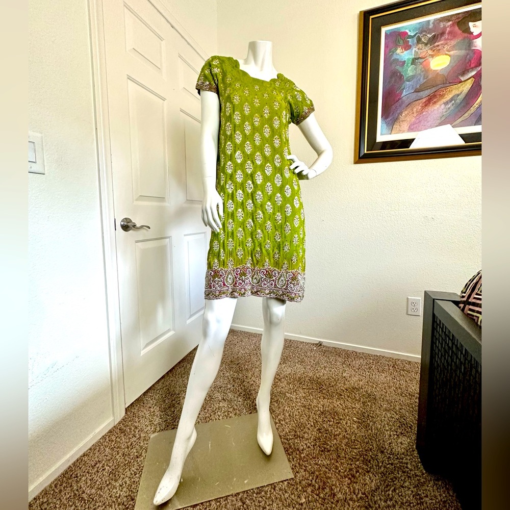 Green embellished silk sari tunic